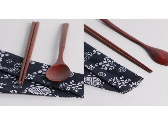 Wooden cutlery set wooden spoon and chopstick set with bag wooden tableware